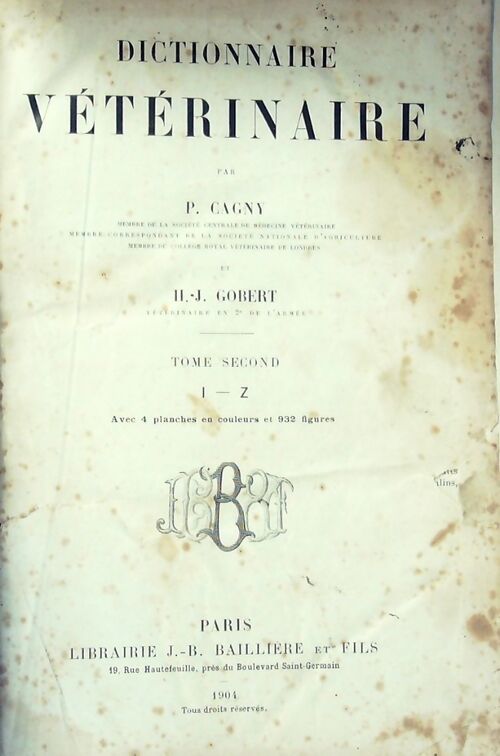 Livrenpoche : Dictionnaire vétérinaire Tome II : I-Z - P. Cagny, H.J. Gobert - Livre