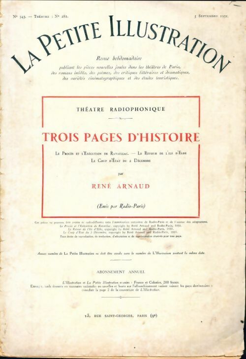 La petite illustration n°543 Théâtre n°282 : Trois pages d'histoire - Collectif -  La petite illustration - Livre