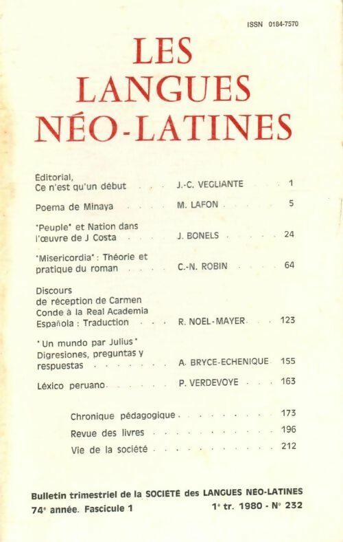 Livrenpoche : Les langues neo-latines n°232 74e année. Fascicule 1 - Collectif - Livre