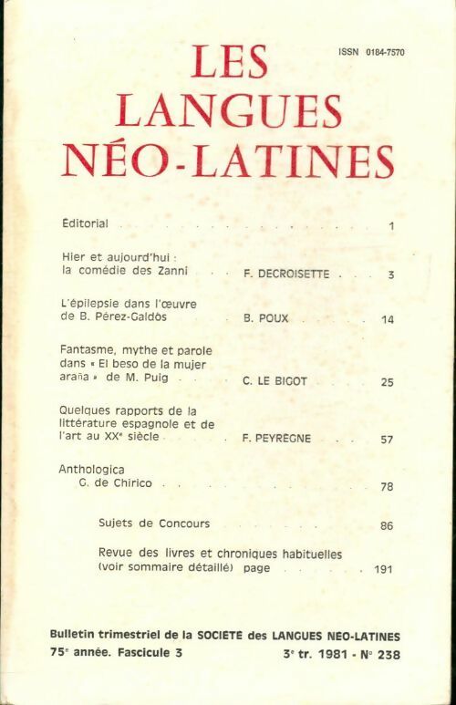 Livrenpoche : Les langues néo-latines n°238 75e année fascicule 3 - Collectif - Livre