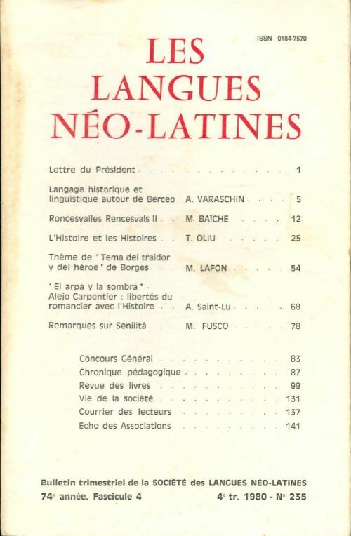 Livrenpoche : Les langues néo-latines n°235 74e année fascicule 4 - Collectif - Livre