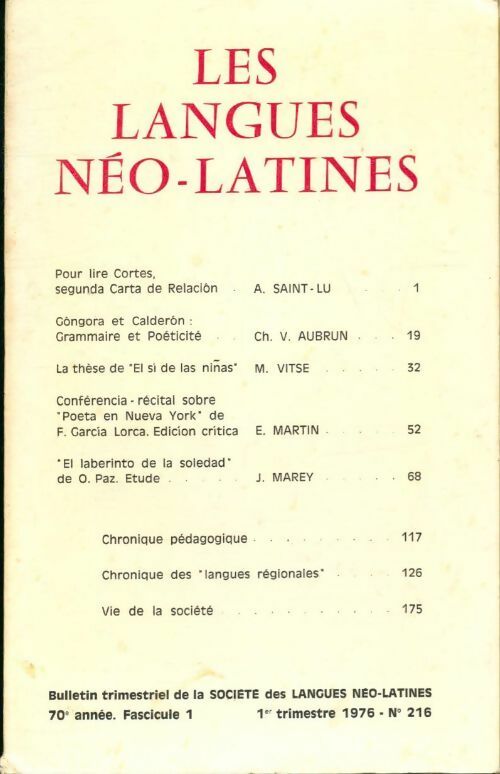 Livrenpoche : Les langues néo-latines n°216 70e année fascicule 1 - Collectif - Livre