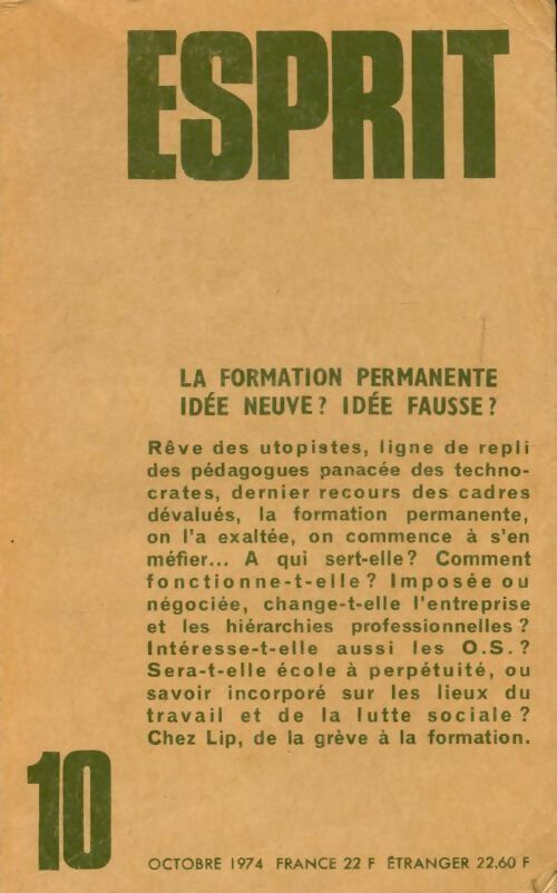 Livrenpoche : Esprit n°10 : La formation permanente - Collectif - Livre