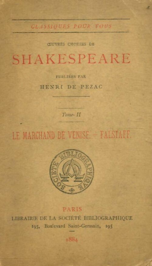 Livrenpoche : Oeuvres choisies Tome II : Le marchand de Venise / Falstaff - William Shakespeare - Livre