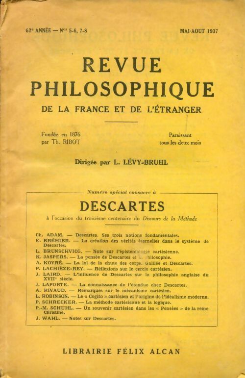Livrenpoche : Revue philosophique de la France et de l'étranger n°5-6, 7-8 : Descartes - Collectif - Livre