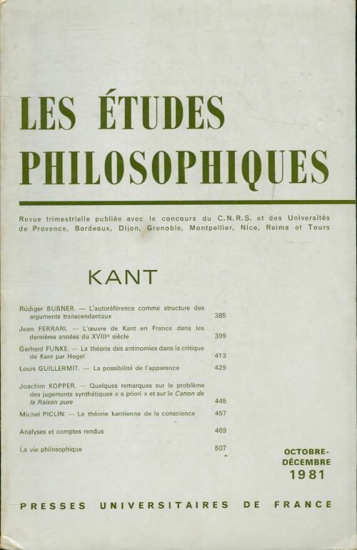Livrenpoche : Les études philosophiques n°4 1981 : Kant - Collectif - Livre