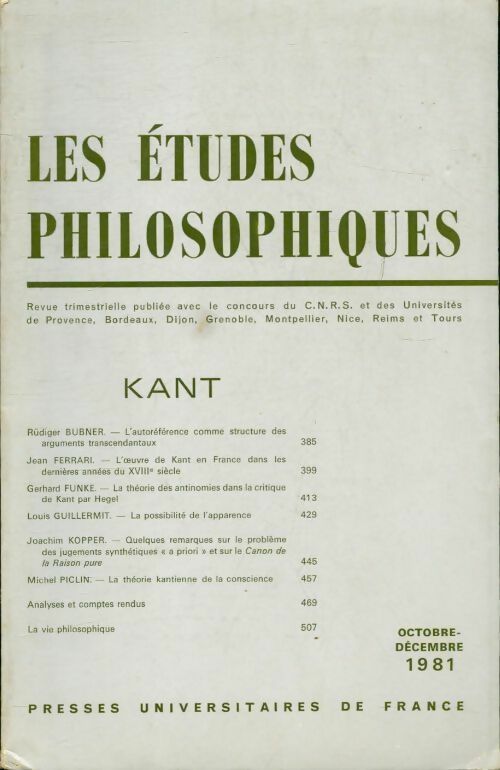 Les études philosophiques n°4 1981 : Kant - Collectif -  Les études philosophiques - Livre