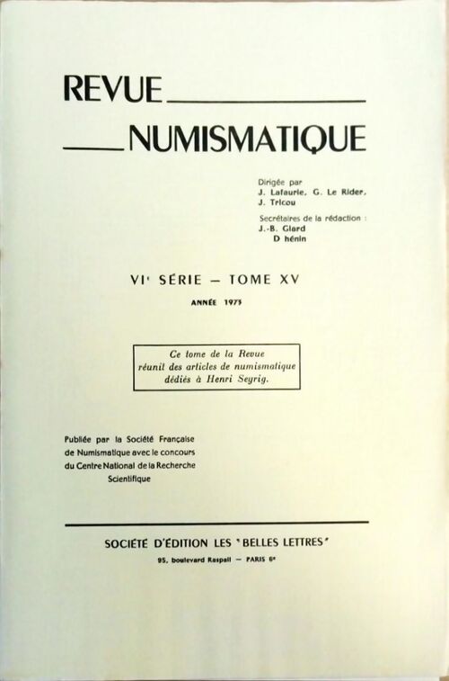 Livrenpoche : Revue numismatique VIe série Tome XV 1973 - Collectif - Livre