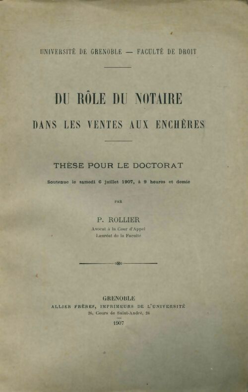 Livrenpoche : Du rôle du notaire dans les ventes aux enchères - P. Rollier - Livre