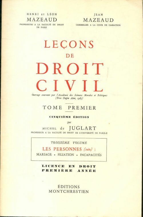 Livrenpoche : Leçons de droit civil tome I - Henri Mazeaud - Livre