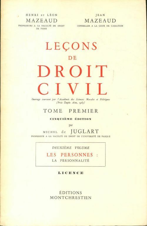 Livrenpoche : Leçons de droit civil Tome I 2ème volume - Henri Mazeaud - Livre