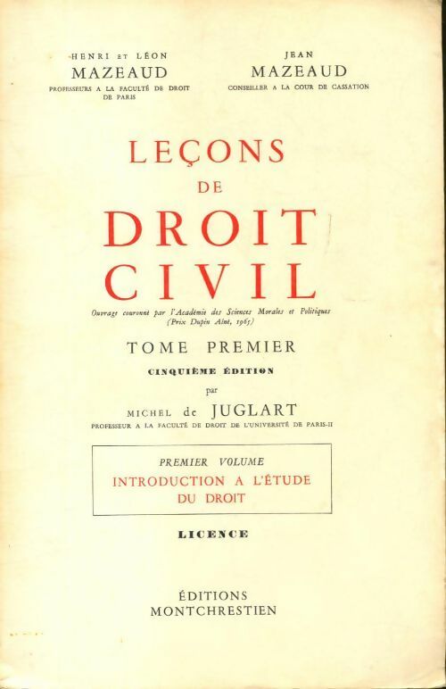 Leçons de droit civil Tome I 1er volume - Henri Mazeaud -  Montchrestien GF - Livre