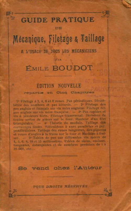 Livrenpoche : Guide pratique de mécanique, filetage et taillage à l'usage de tous les mécaniciens - Émile Boudot - Livre