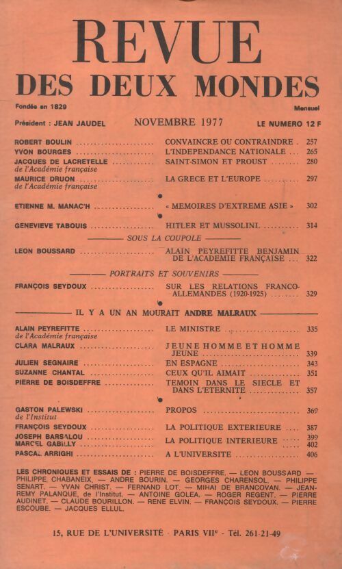 Livrenpoche : Revue des deux mondes Novembre 1977 - Collectif - Livre