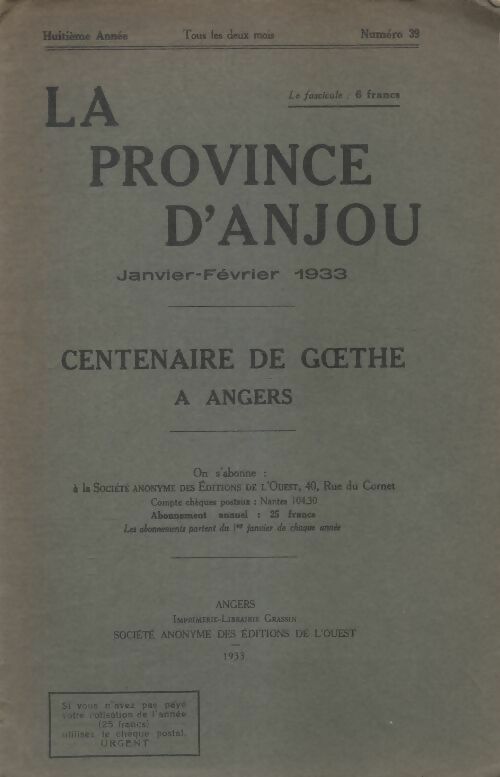 Livrenpoche : La province d'Anjou n°39 : Centenaire de Goethe à Angers - Collectif - Livre