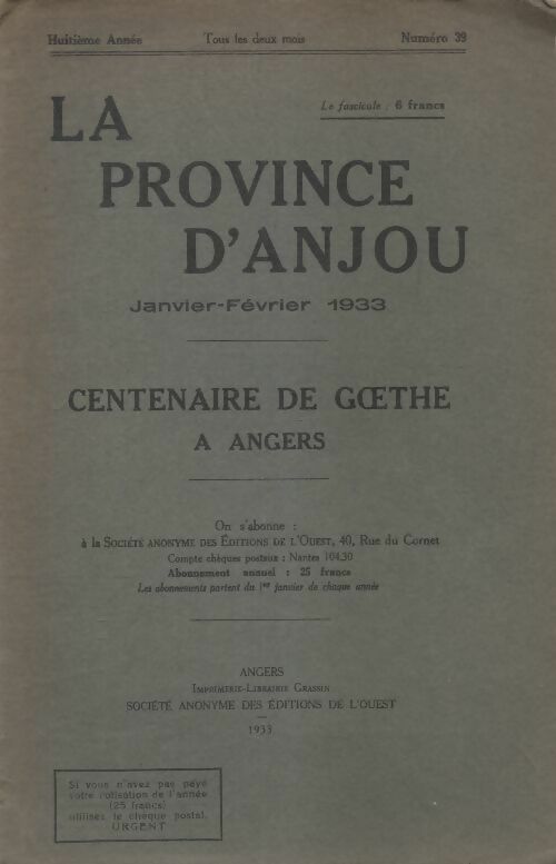La province d'Anjou n°39 : Centenaire de Goethe à Angers - Collectif -  De l'ouest - Livre