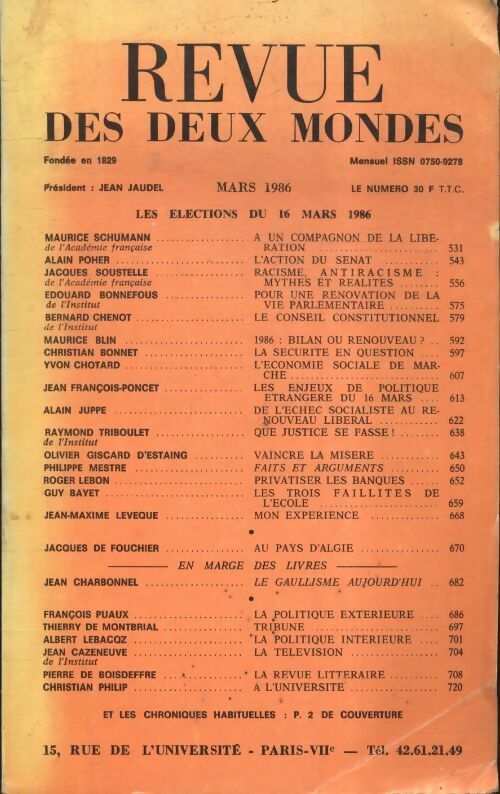 Livrenpoche : Revue des deux mondes mars 1986 - Collectif - Livre