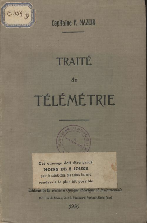 Traité de télémétrie. - P Mazuir -  Revue d'optique théorique et instrumentale - Livre