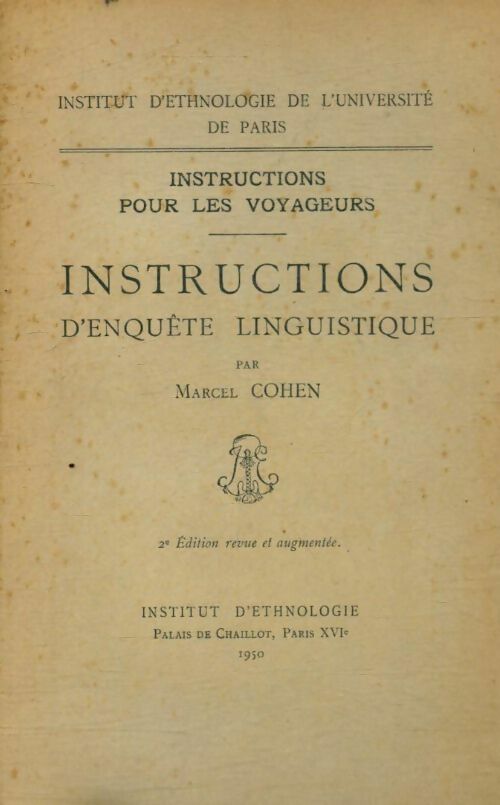 Livrenpoche : Instructions d?enquête linguistique - Marcel Cohen - Livre