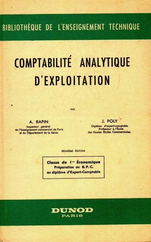 Livrenpoche : Comptabilité analytique d'exploitation 1ère économique - A. Rapin - Livre