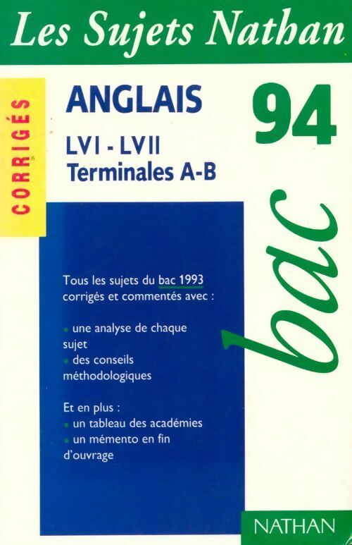 Livrenpoche : Anglais Terminales A, B LV1-LV2 corrigés 1994 - Collectif - Livre