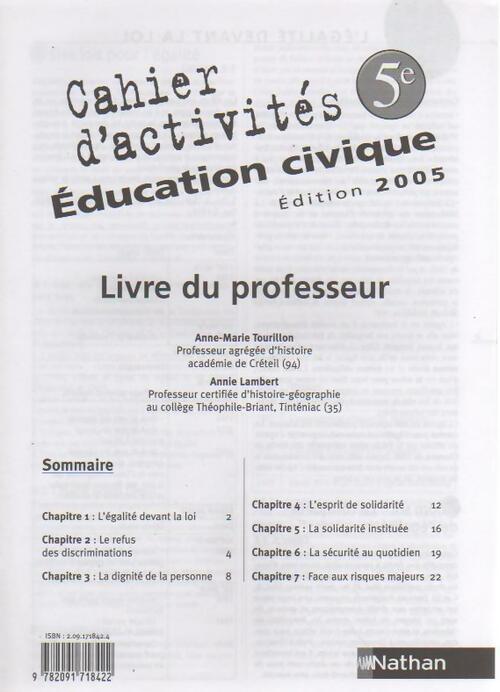 Education civique 5e. Cahier d'activités. Livre du professeur - Anne-Marie Tourillon -  Cahier d'activités - Livre