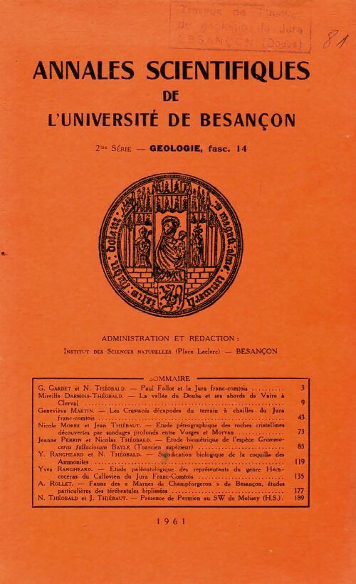 Livrenpoche : Annales scientifiques de l'université de Besançon 2ème série Géologie fascicule 14 - Collectif - Livre