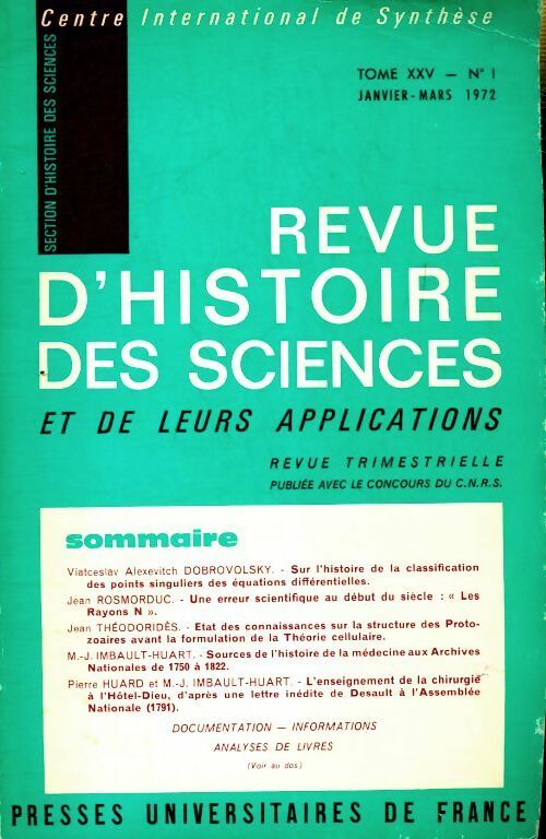 Livrenpoche : Revue d'histoire des sciences Tome XXV n°1 - Collectif - Livre