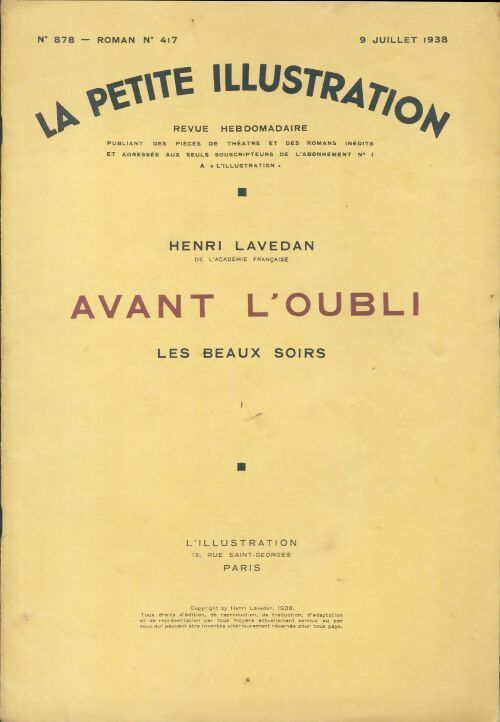 Livrenpoche : La petite illustration n°878 Roman n°417 : Avant l'oubli Tome I - Collectif - Livre