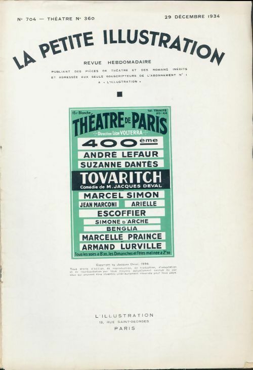 Livrenpoche : La petite illustration n°704 Théâtre n°360 : Tovaritch - Collectif - Livre