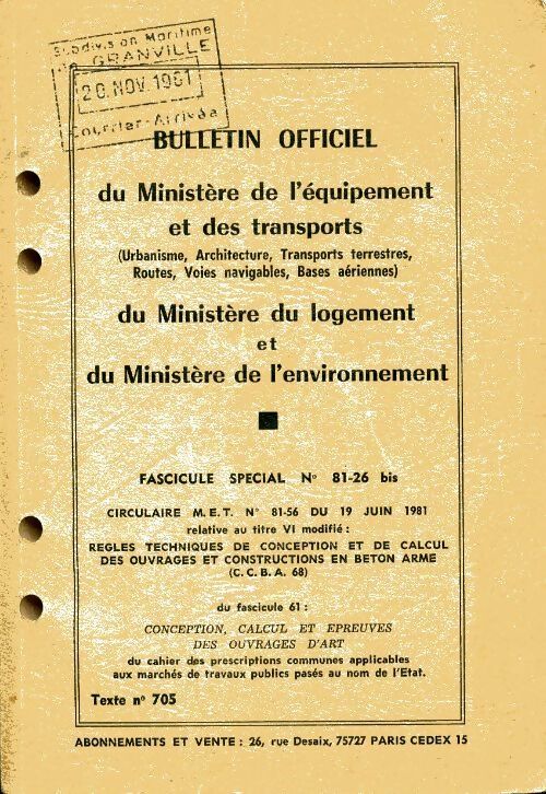 Livrenpoche : Bulletin officiel du ministère de l'équipement et des transports fascucule spécial n°81-26 bis - Collectif - Livre