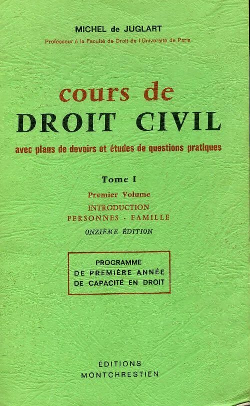 Livrenpoche : Cours de droit civil Tome I - Michel De Juglart - Livre