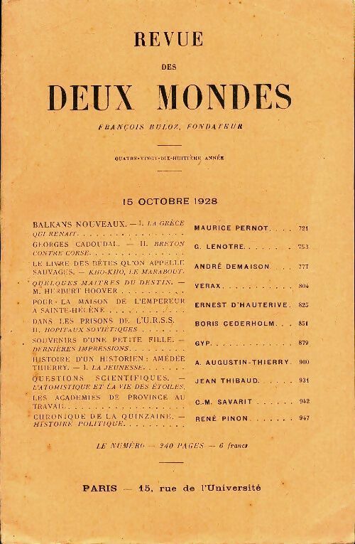 Livrenpoche : Revue des deux mondes 15 octobre 1928 - Collectif - Livre