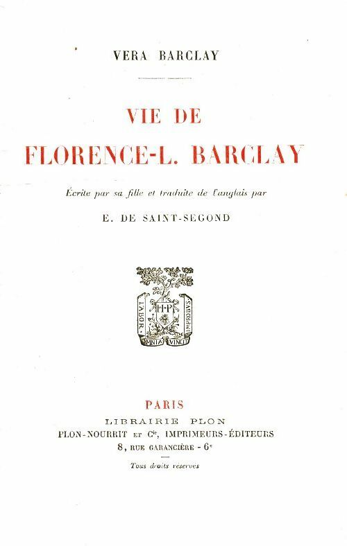 Livrenpoche : La vie de Florence-L. Barclay  - Vera Barclay - Livre