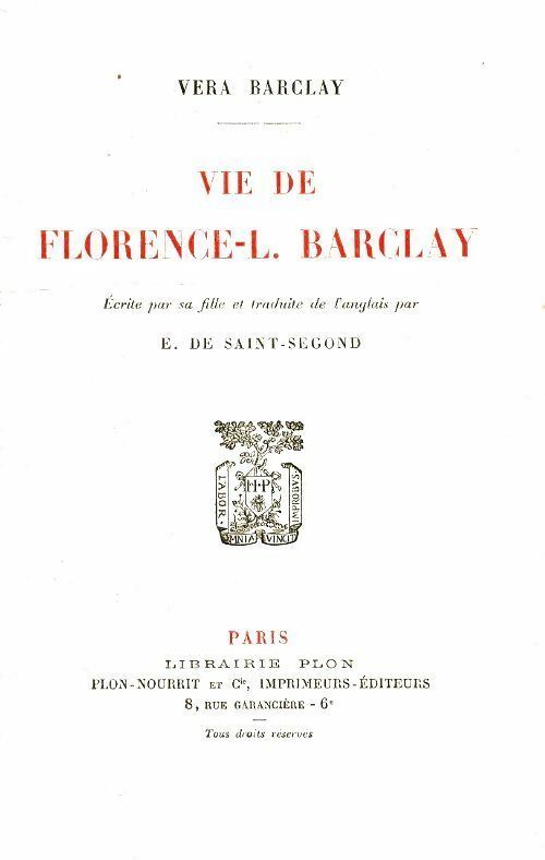 La vie de Florence-L. Barclay  - Vera Barclay -  Plon poches divers - Livre