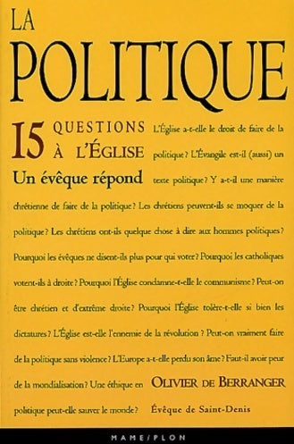 La politique : 15 questions à l'église - Olivier De Berranger -  Paroles d'Eglise - Livre