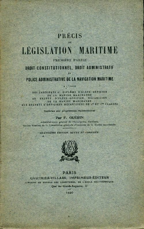 Livrenpoche : Précis de législation maritime Première partie - F Guérin - Livre