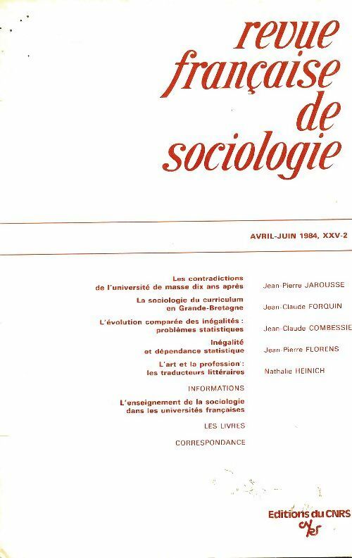 Revue française de sociologie n°XXV-2 - Collectif -  CNRS GF - Livre