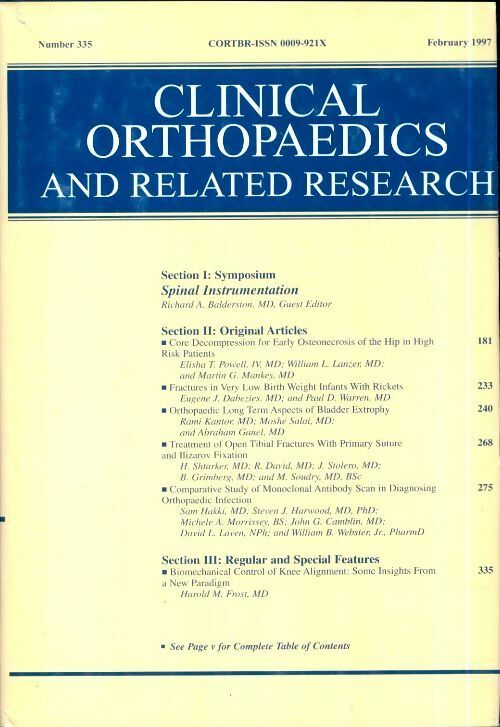 Livrenpoche : Clinical orthopedics and related research n°335 : Spinal instrumentation - Collectif - Livre