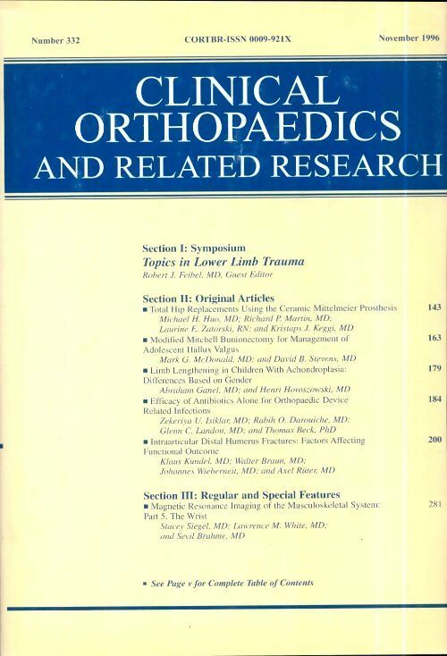 Livrenpoche : Clinical orthopedics and related research n°332 : Topics in lower limb trauma - Collectif - Livre