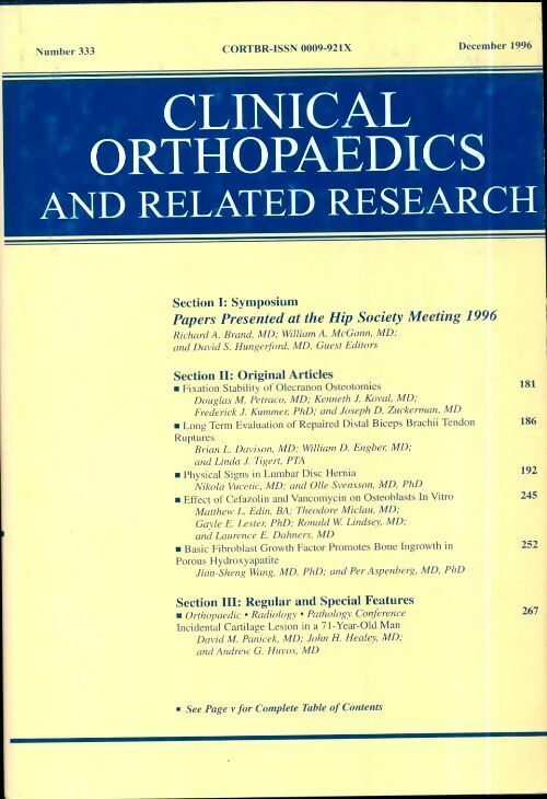 Livrenpoche : Clinical orthopedics and related research n°333 : Papers presented at the hip Society Meeting - Collectif - Livre