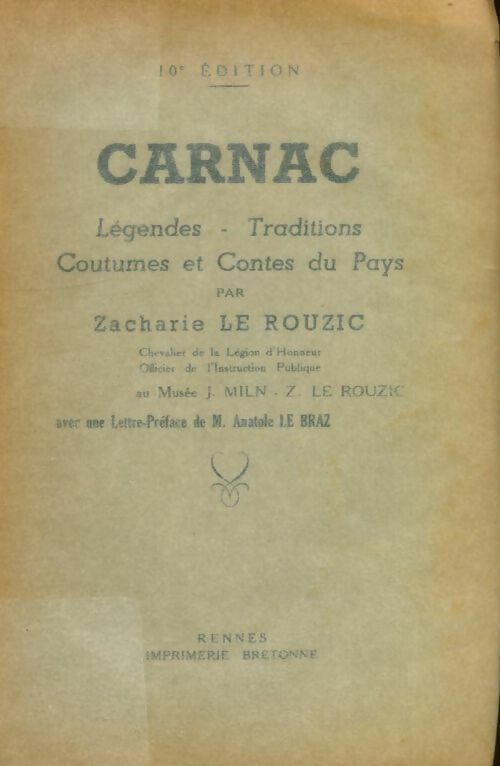 Livrenpoche : Carnac, légendes, traditions, coutumes et contes du pays - Zacharie Le Rouzic - Livre