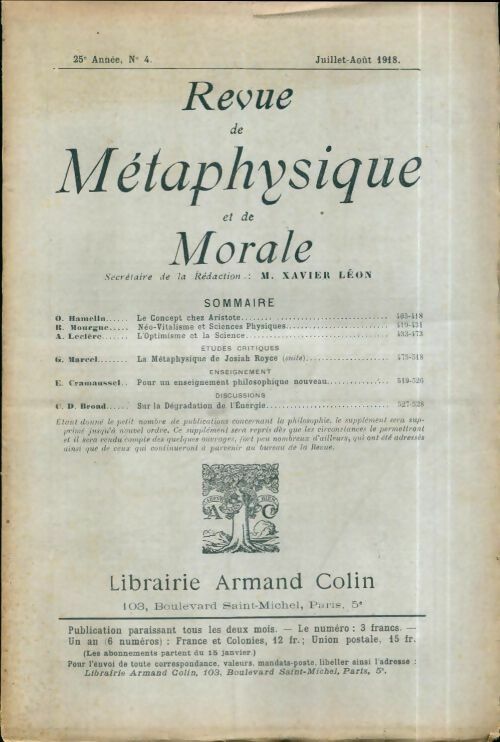 Livrenpoche : Revue de métaphysique et de morale 25e année n°4 - Collectif - Livre