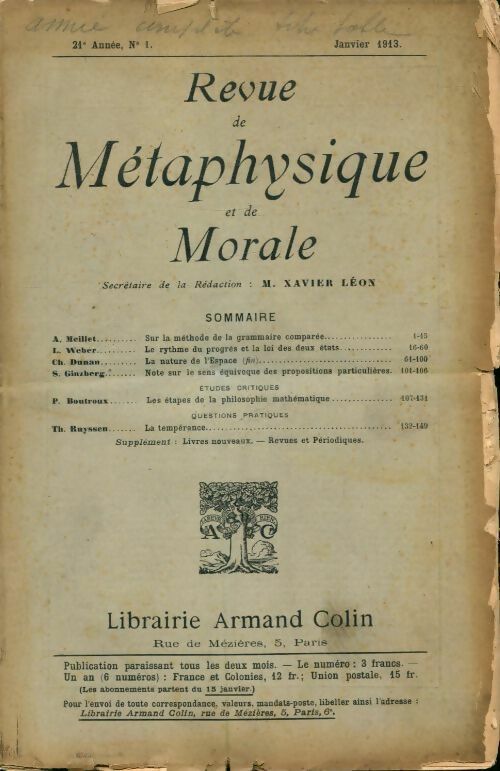 Livrenpoche : Revue de métaphysique et de morale 21e année n°1 - Collectif - Livre