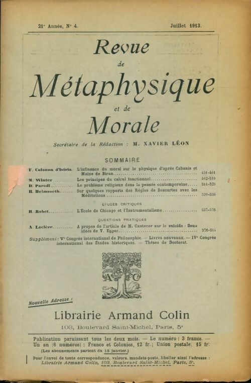 Livrenpoche : Revue de métaphysique et de morale 21e année n°4 - Collectif - Livre