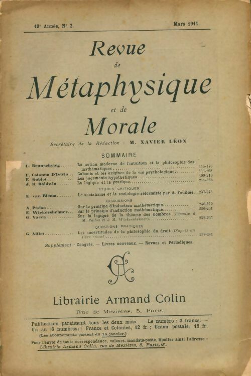 Livrenpoche : Revue de métaphysique et de morale 19e année n°2 - Collectif - Livre