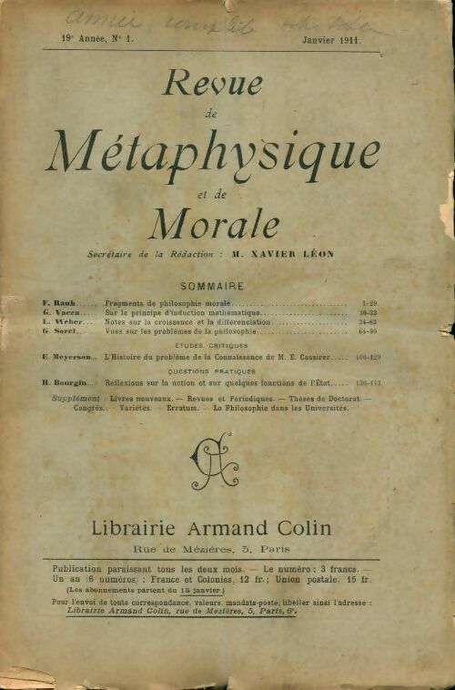 Livrenpoche : Revue de métaphysique et de morale 19e année n°1 - Collectif - Livre