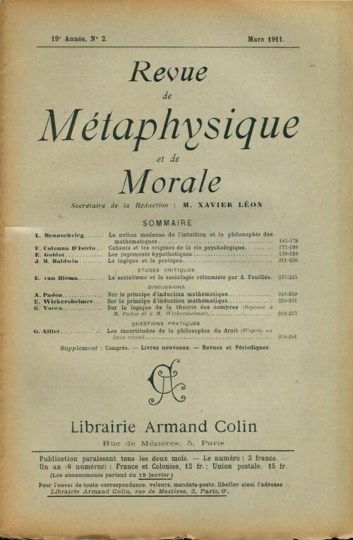 Livrenpoche : Revue de métaphysique et de morale 19e année n°2 - Collectif - Livre