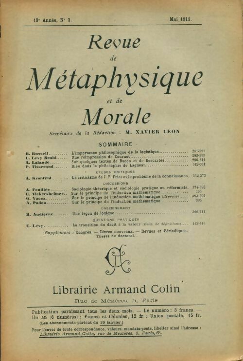 Livrenpoche : Revue de métaphysique et de morale 19e année n°3 - Collectif - Livre