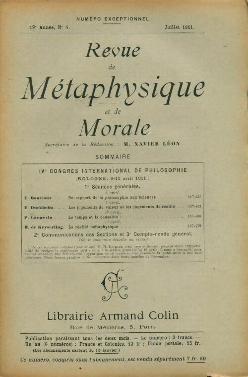 Livrenpoche : Revue de métaphysique et de morale 19e année n°4 - Collectif - Livre